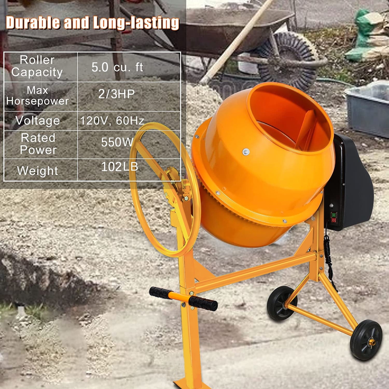 SUGIFT New Upgrades Cement Mixer, Electric Concrete Mixer 5.0 cu ft 2/3 HP