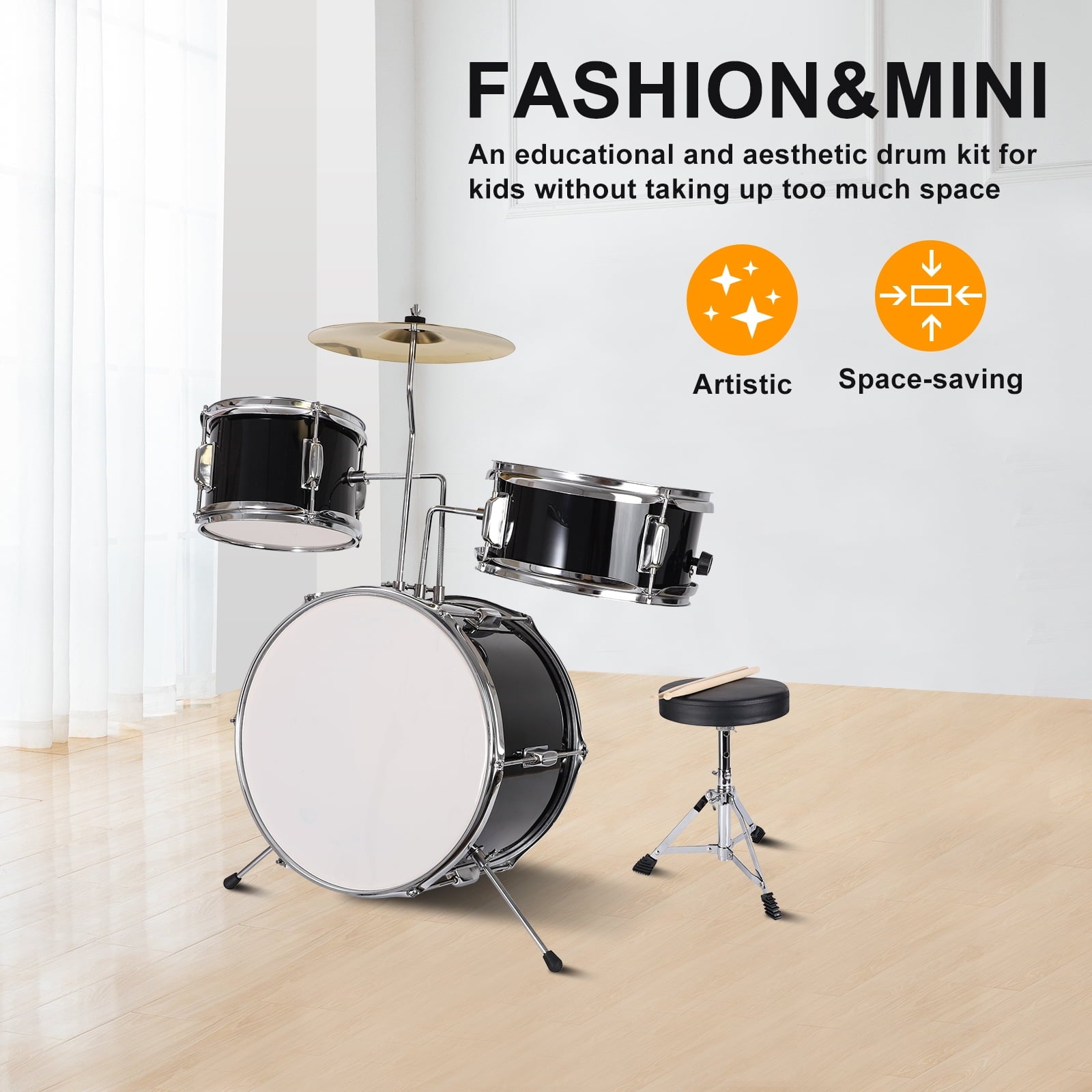 GIVIMO 3-Piece 14 inch Drum Set for Junior Beginners, Black