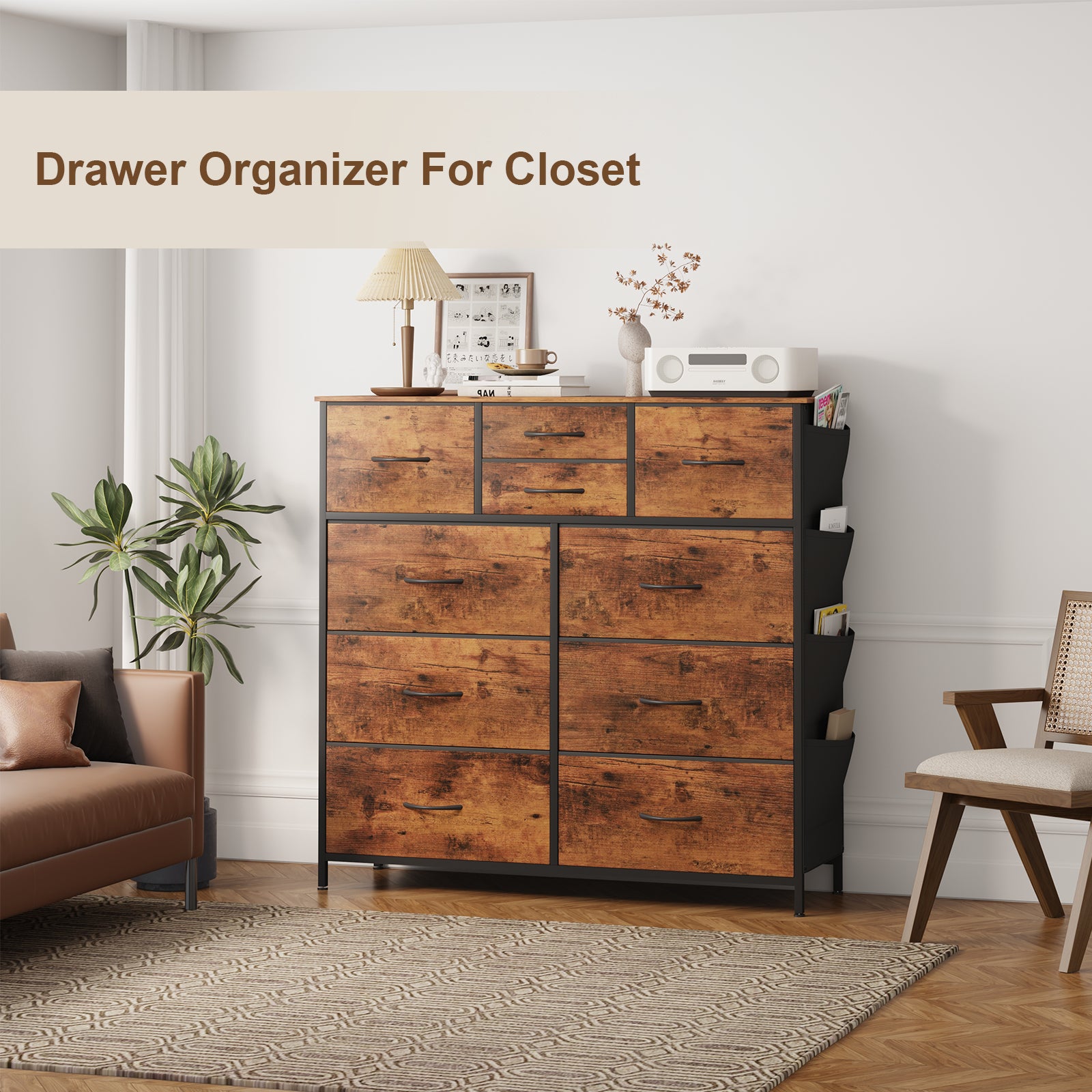 SUGIFT 10 Drawers Dresser for Bedroom, Fabric Storage Organizer Unit for Living Room, Hallway, Closet (Rustic Brown)