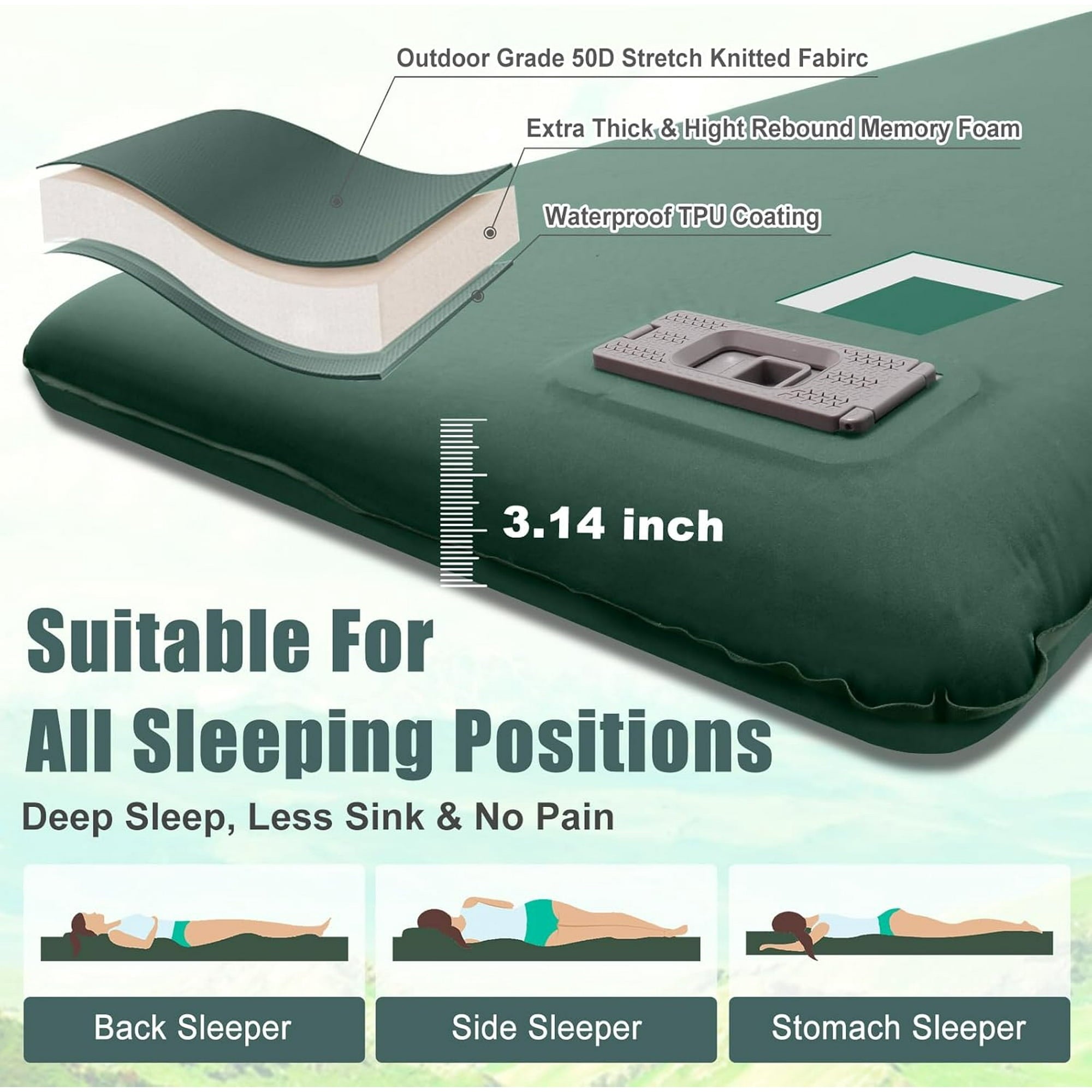 Green Self Inflating Sleeping Pad with Electric Pump for Camping Insulated Camping Mattress Pad with Pillow for Car Travel Tent