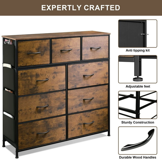 SUGIFT 9 Drawer Dresser, Chest of Drawers for Bedroom , Fabric Dresser with Side Pockets for Closet, Brown