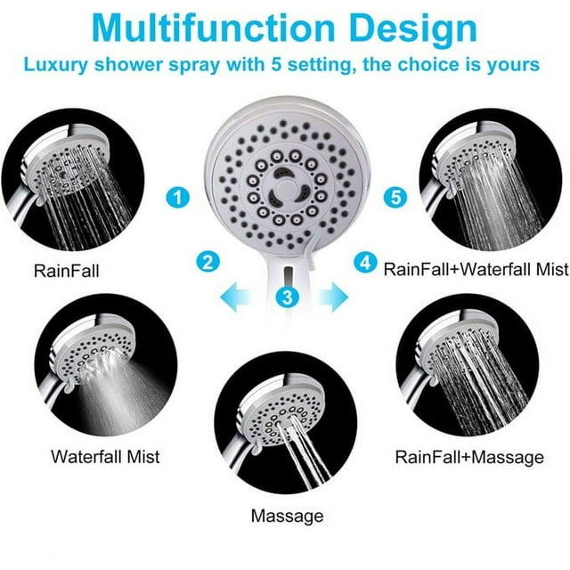 SUGIFT Shower Head High Pressure Water Saving 5 Mode Function Spay Handheld Showerheads Set with 79 inch Stainless Steel Hose Bracket Teflon Tape Rubber Washers