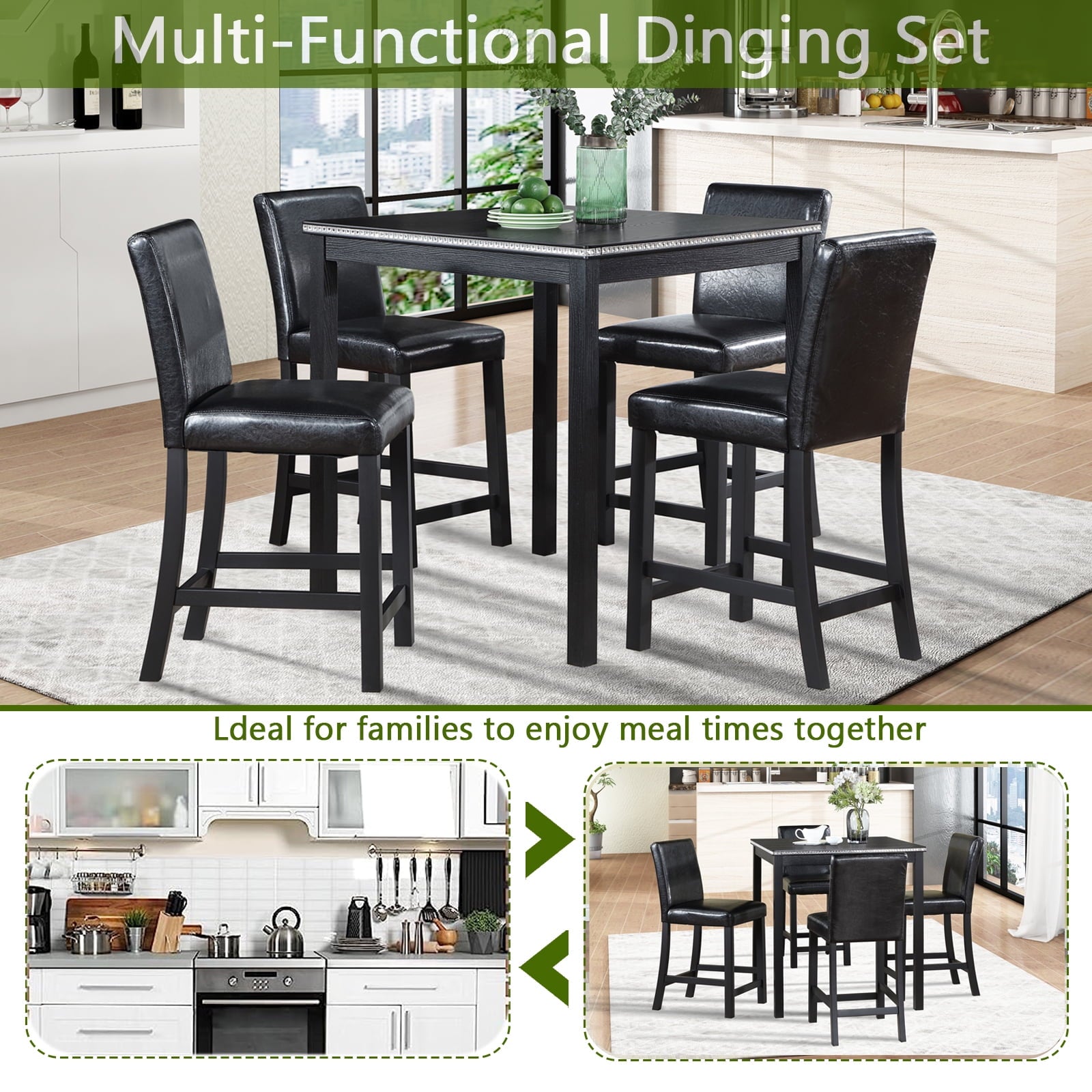 SUGIFT 5 Piece Counter Height Table Set, Wooden Kitchen Table Set with Square Table and 4 Upholstered Chairs