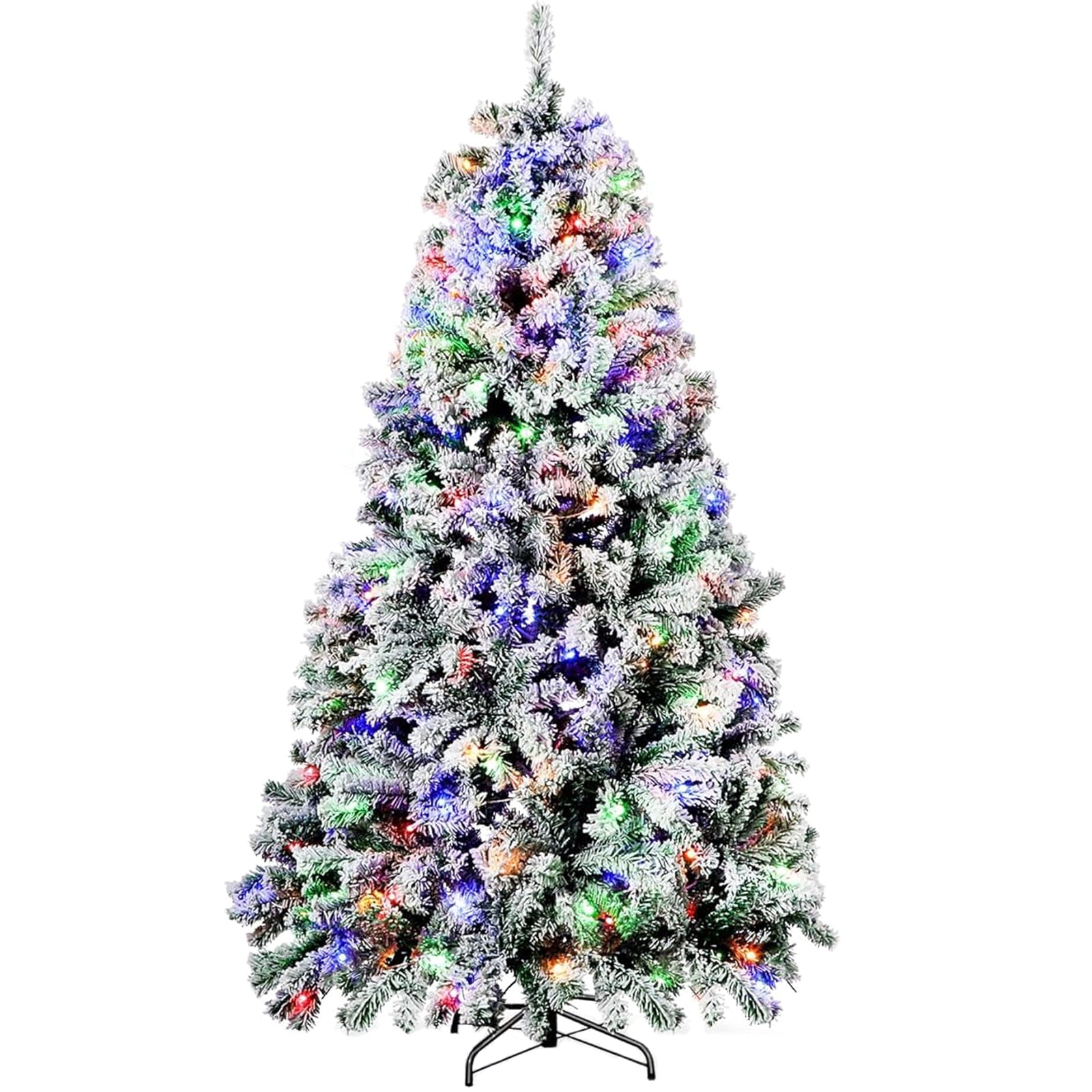 HONGGE 6ft Pre-Lit Artificial Christmas Tree w/ Flocked Branches, 250 Warm-White and Multicolored Lights, 9 Light Sequences