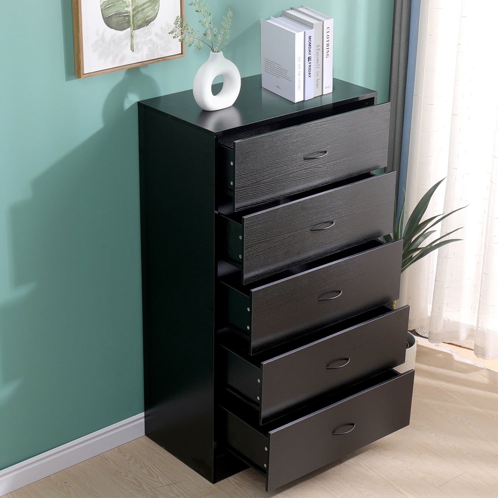 SUGIFT 5 Drawer Dresser, Modern Wood Chest of Drawers for Bedroom, Black