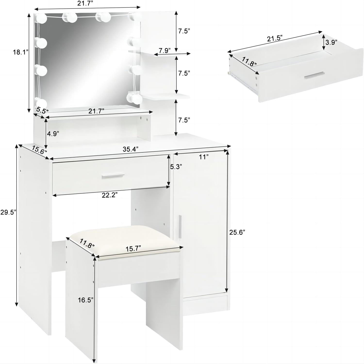 SUGIFT Makeup Vanity Desk with Mirror & Light, Large Drawer Three Level Storage Dresser, 3 Lighting Modes Adjustable Brightness, Bedroom Dressing Table (White)