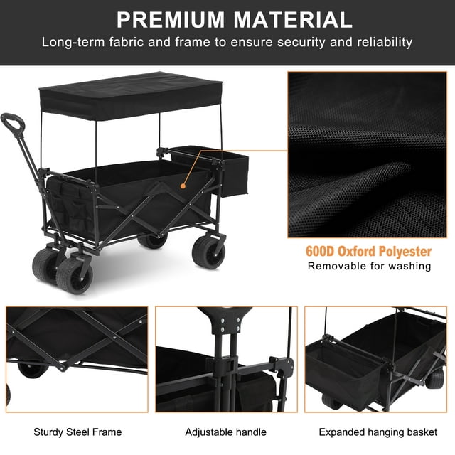 SUGIFT Black Wagon Cart with Wheels Foldable Collapsible Utiity Wagon Beach Wagon, Outdoor and Camping