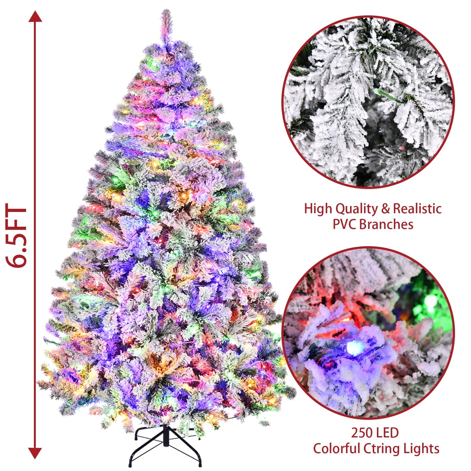 SUGIFT 6.5ft Premium Christmas Tree Snow Flocked Pine 1000 Branches with 250 Colorful Lights