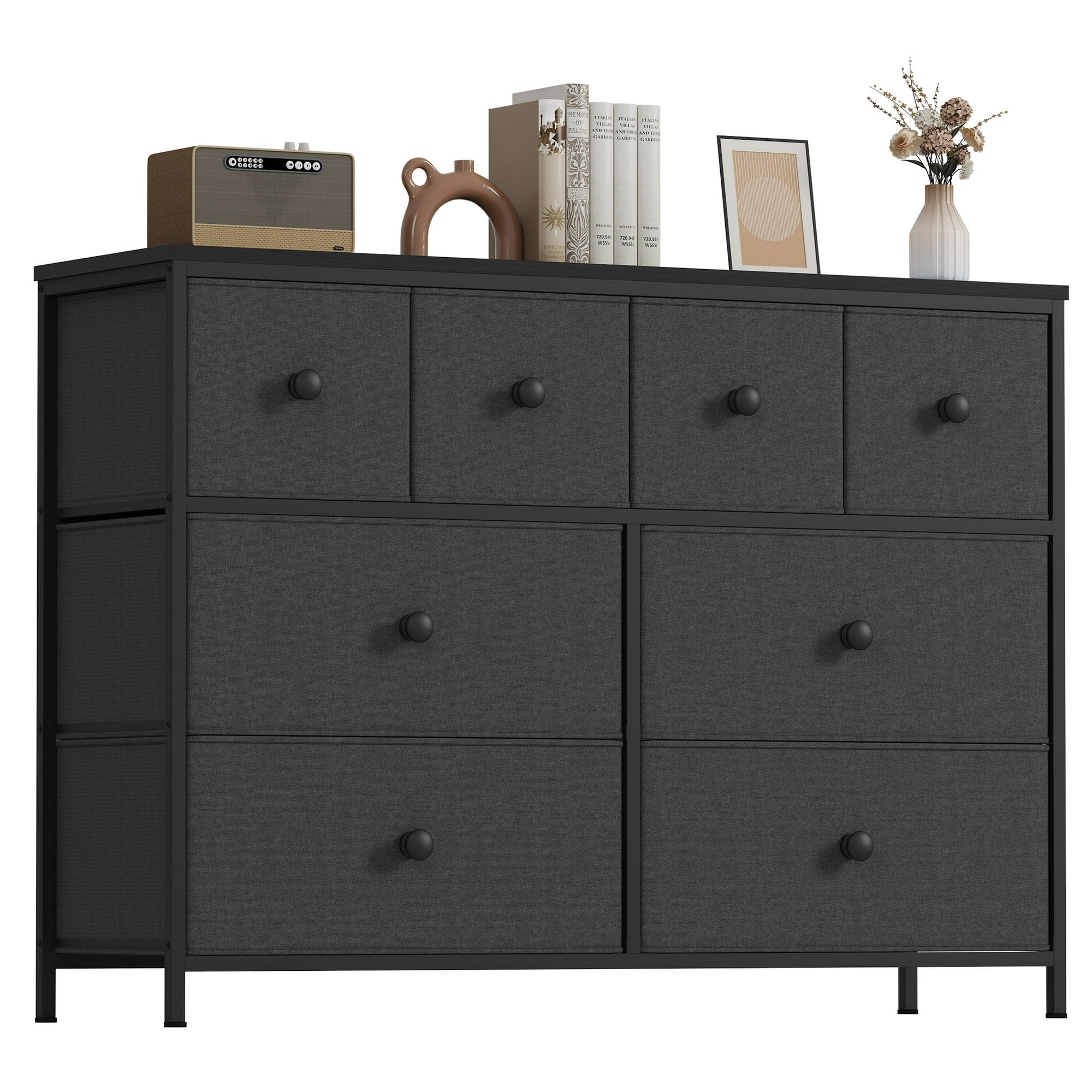 SUGIFT 8 Drawer Dresser Chest of Drawers for Bedroom Fabric Drawer for Kids and Adult Black Gray