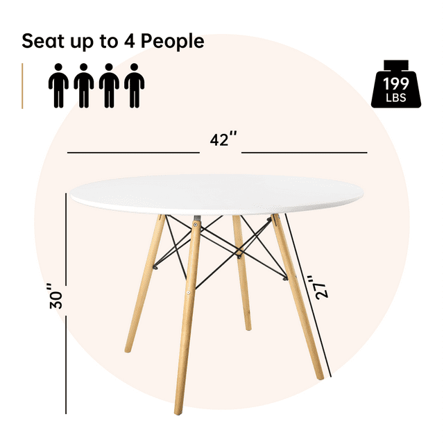 SUGIFT 42in Round Modern Wood Dining Table w/ Beech Wood Legs, Metal Frame - White