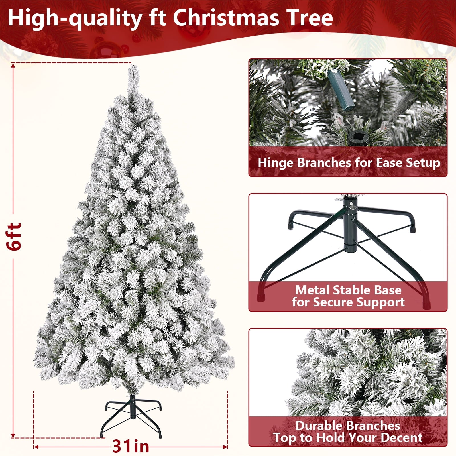 YouYeap Flocked Christmas Tree 6ft Artificial Holiday Christmas Tree with Sturdy Metal Stand