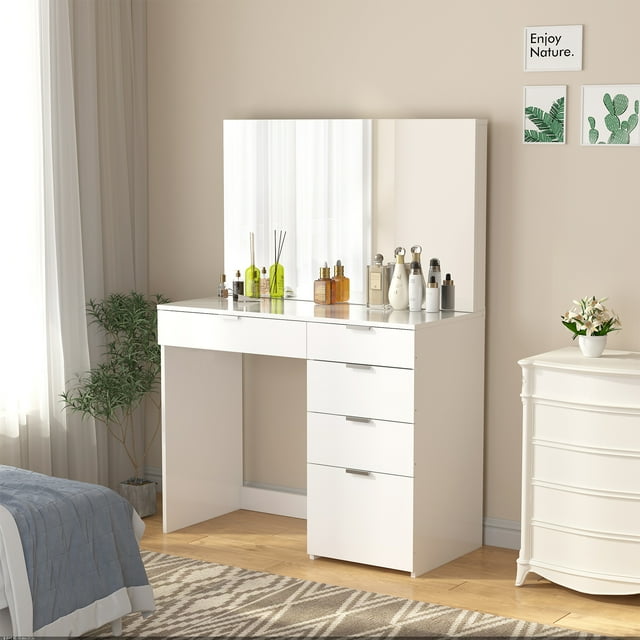 SUGIFT Modern Vanity Table Vanity Desk with 5 Drawers, White