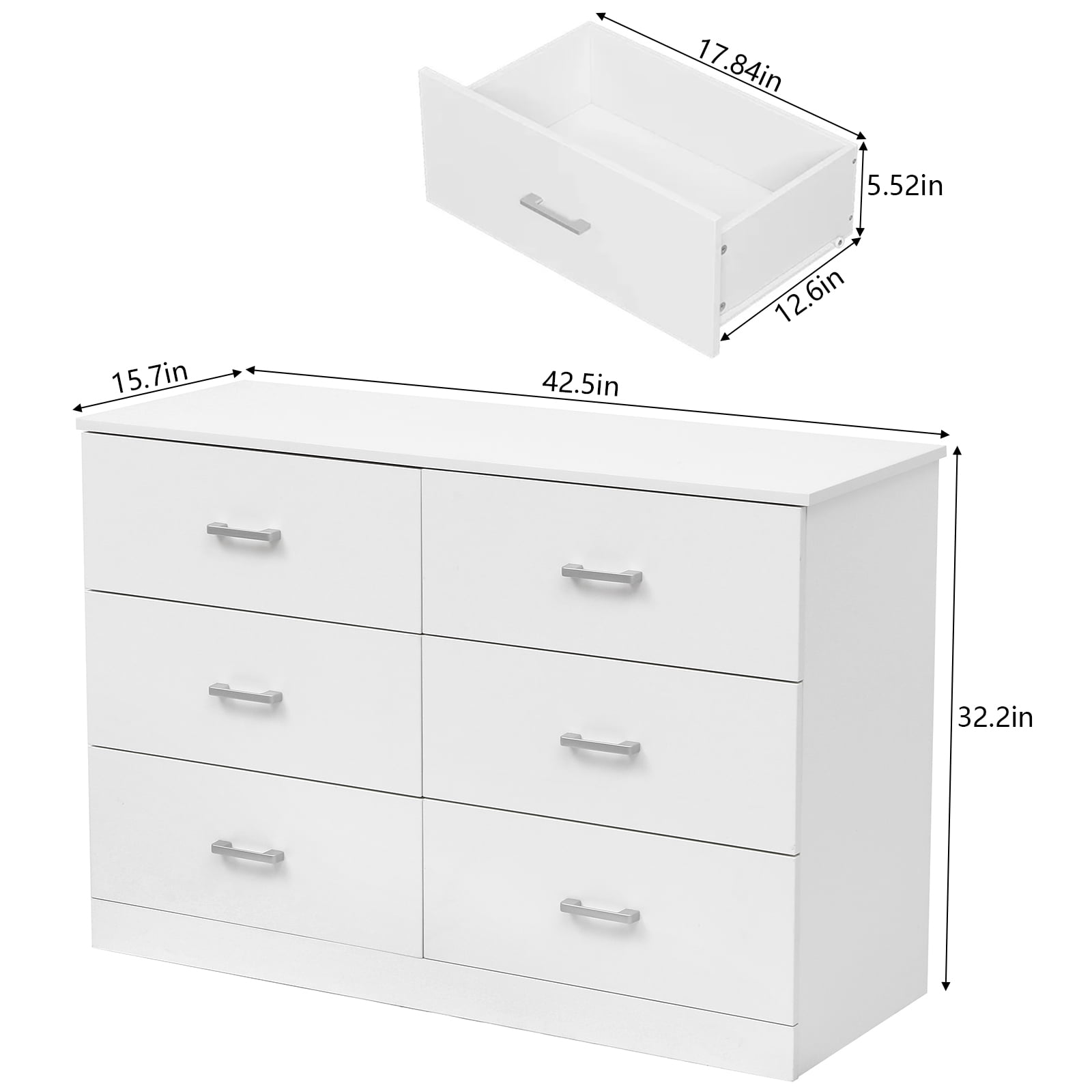 SUGIFT 6 Drawer White Double Dresser for Bedroom