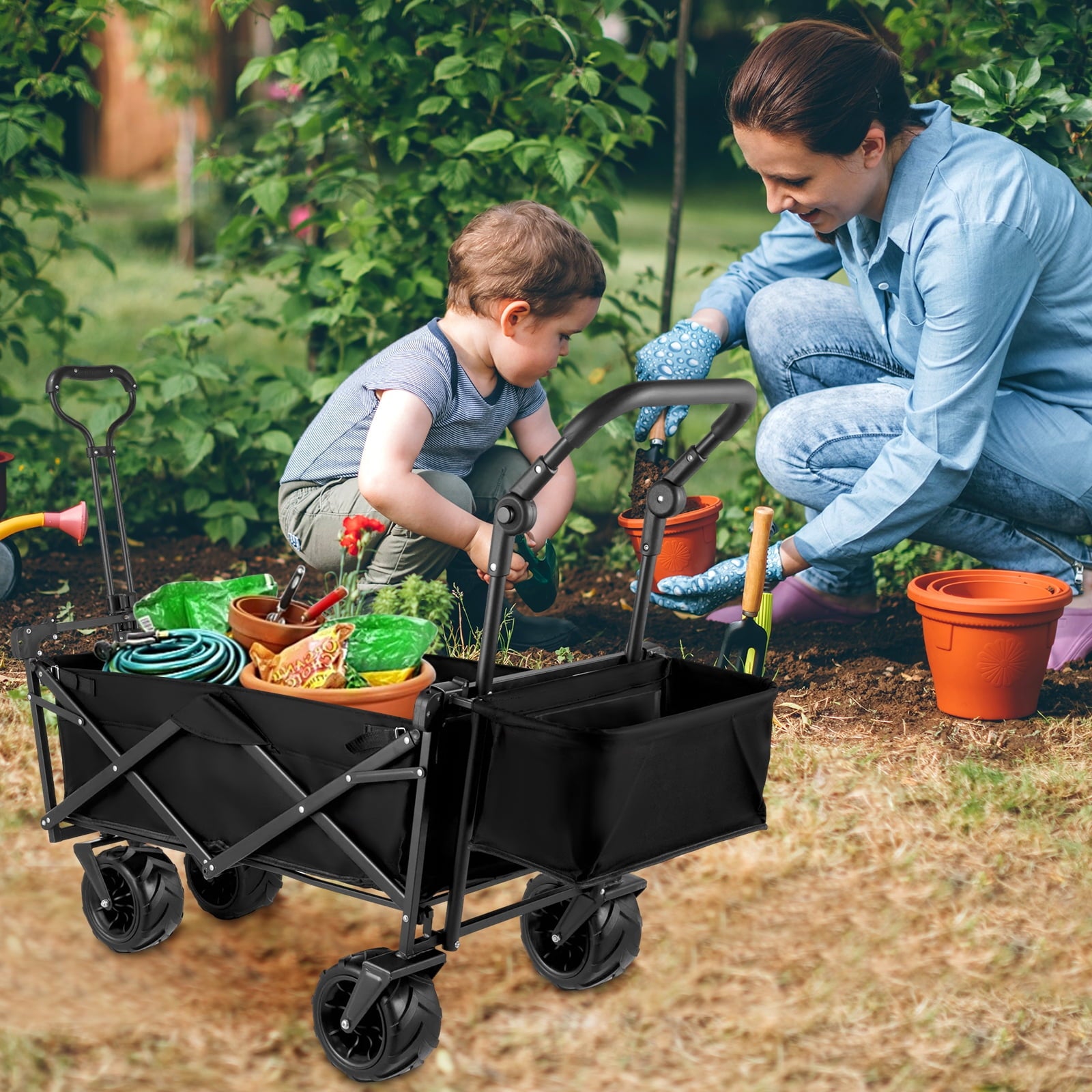 SUGIFT Collapsible Wagon Cart with Removable Canopy, Oxford Cloth Beach Cart with Wheels and Rear Storage, Garden Grocery Wagon for Camping, Black