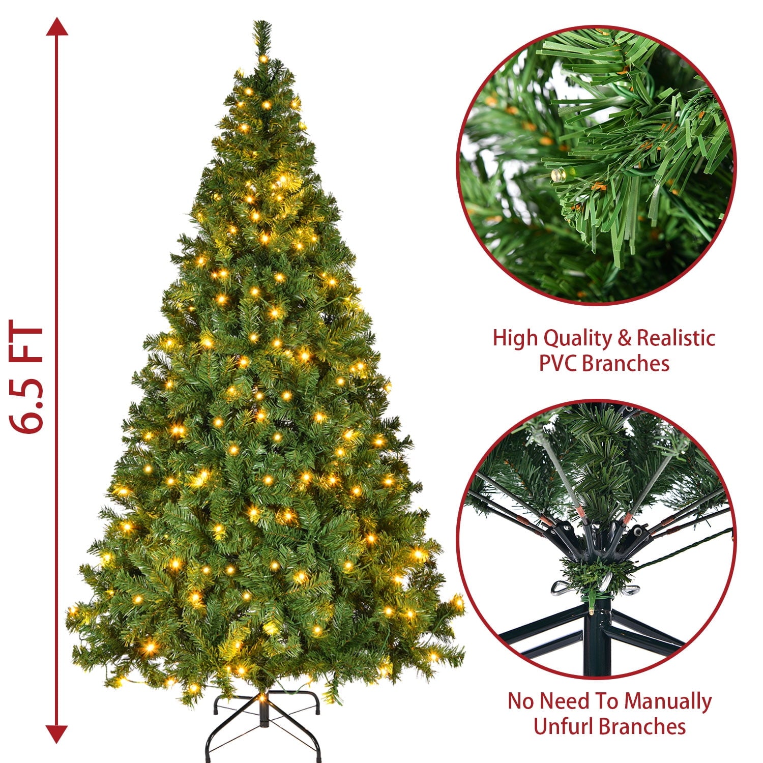 SUGIFT 6.5Ft Pre-Lit Premium Hinged Artificial Holiday Christmas Pine w/ 1000 250 Lights Indoor Outdoor Green