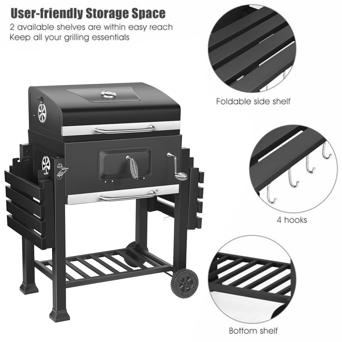 SUGIFT Outdoor 24in Charcoal Grill with Side Shelf and Wheels, Black