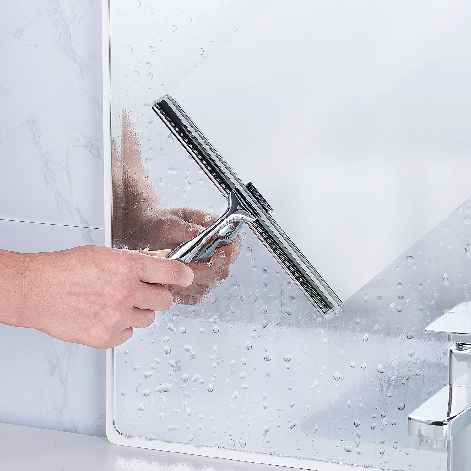 YouYeap Shower Squeegee Clear Glass Wall Cleaner Stainless Steel with Suction Storage Hook Chrome