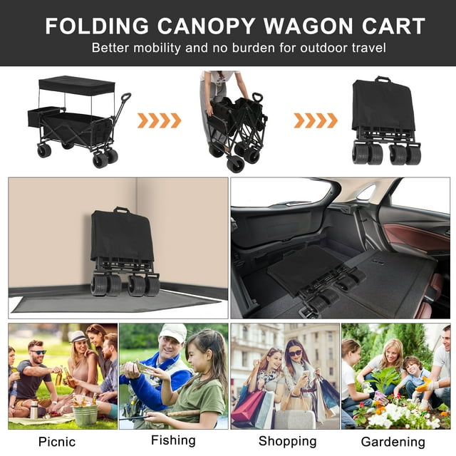 SUGIFT Black Wagon Cart with Wheels Foldable Collapsible Utiity Wagon Beach Wagon, Outdoor and Camping