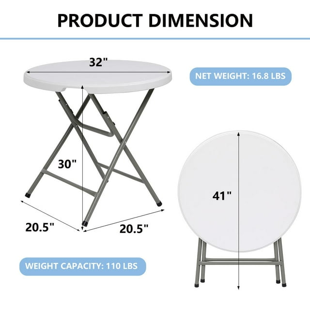 TBKLEY 32in Round Folding Table Portable Indoor Outdoor Plastic Dining Table, White