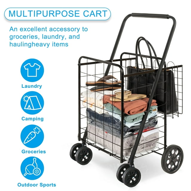 SUGIFT Folding Shopping Cart 100 lbs Utility Trolley Jumbo Basket with Swivel Wheels, Black