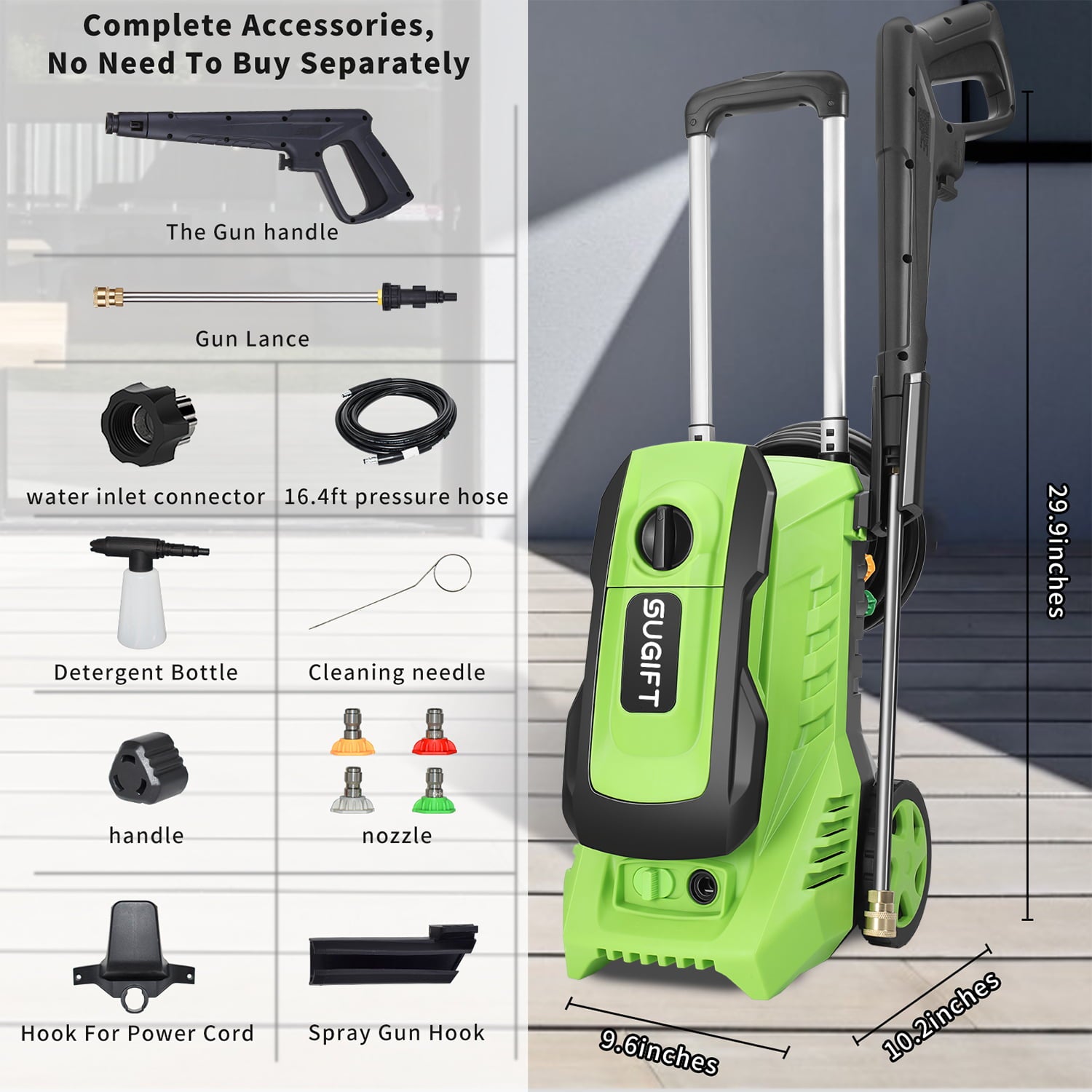 Vebreda 3300PSI Electric Pressure Washer 1800W 2.0GPM Max, 15 lbs Green