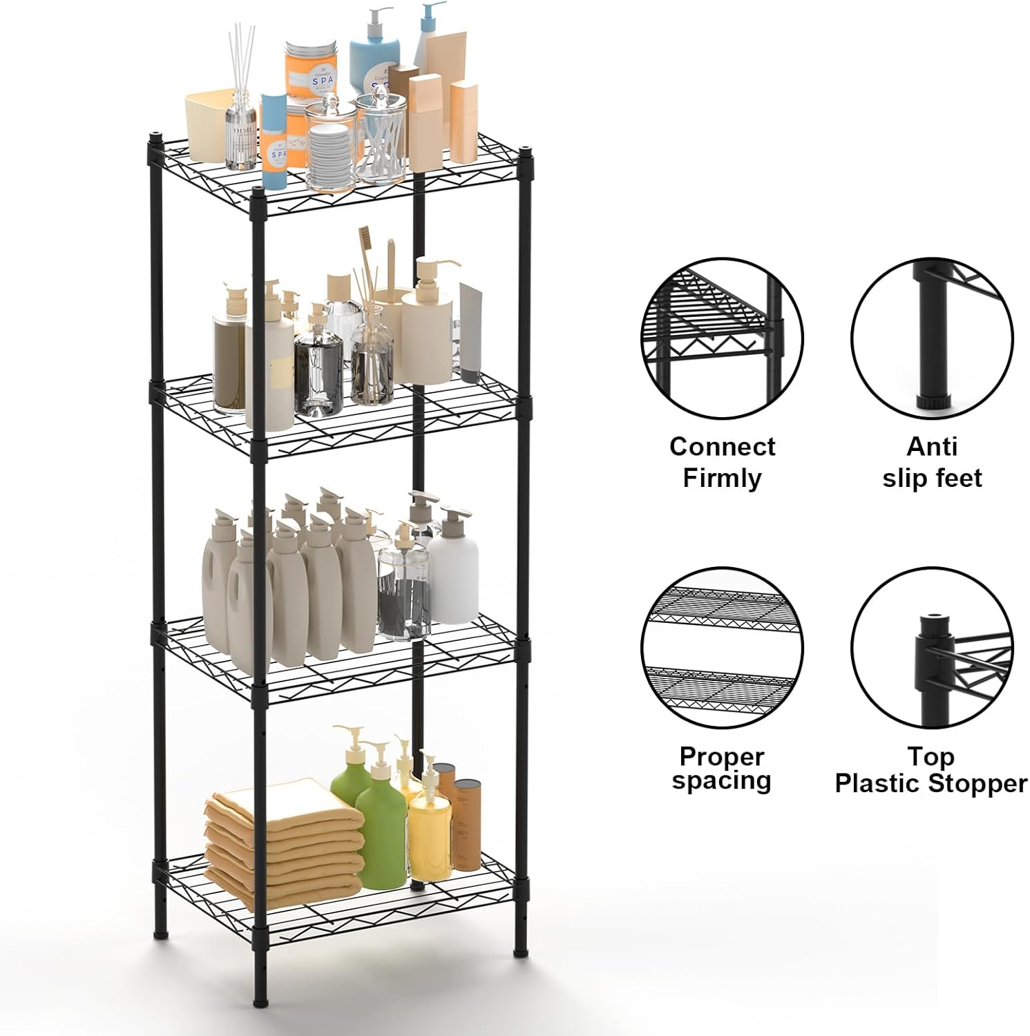 SUGIFT 4-Tier Strong Storage Shelving Unit Kitchen Metal Wire Shelving Organizer Unit with Anti-Sleep Feet Indoor Bathroom Black