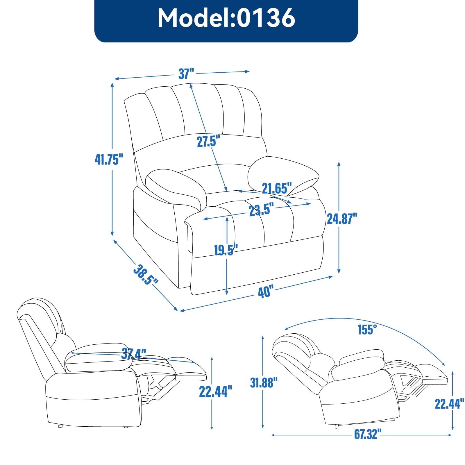 SUGIFT Large Manual Recliner Chair in Fabric for Living Room