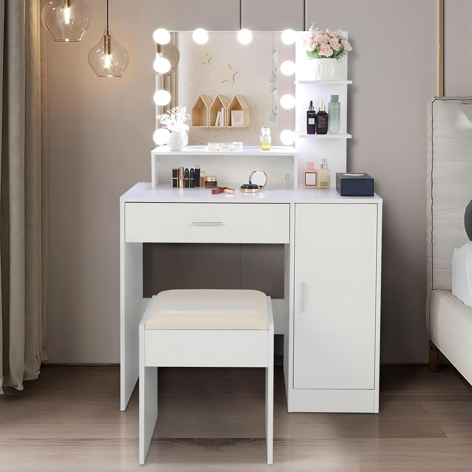 SUGIFT Makeup Vanity Desk with Mirror & Light, Large Drawer Three Level Storage Dresser, 3 Lighting Modes Adjustable Brightness, Bedroom Dressing Table (White)