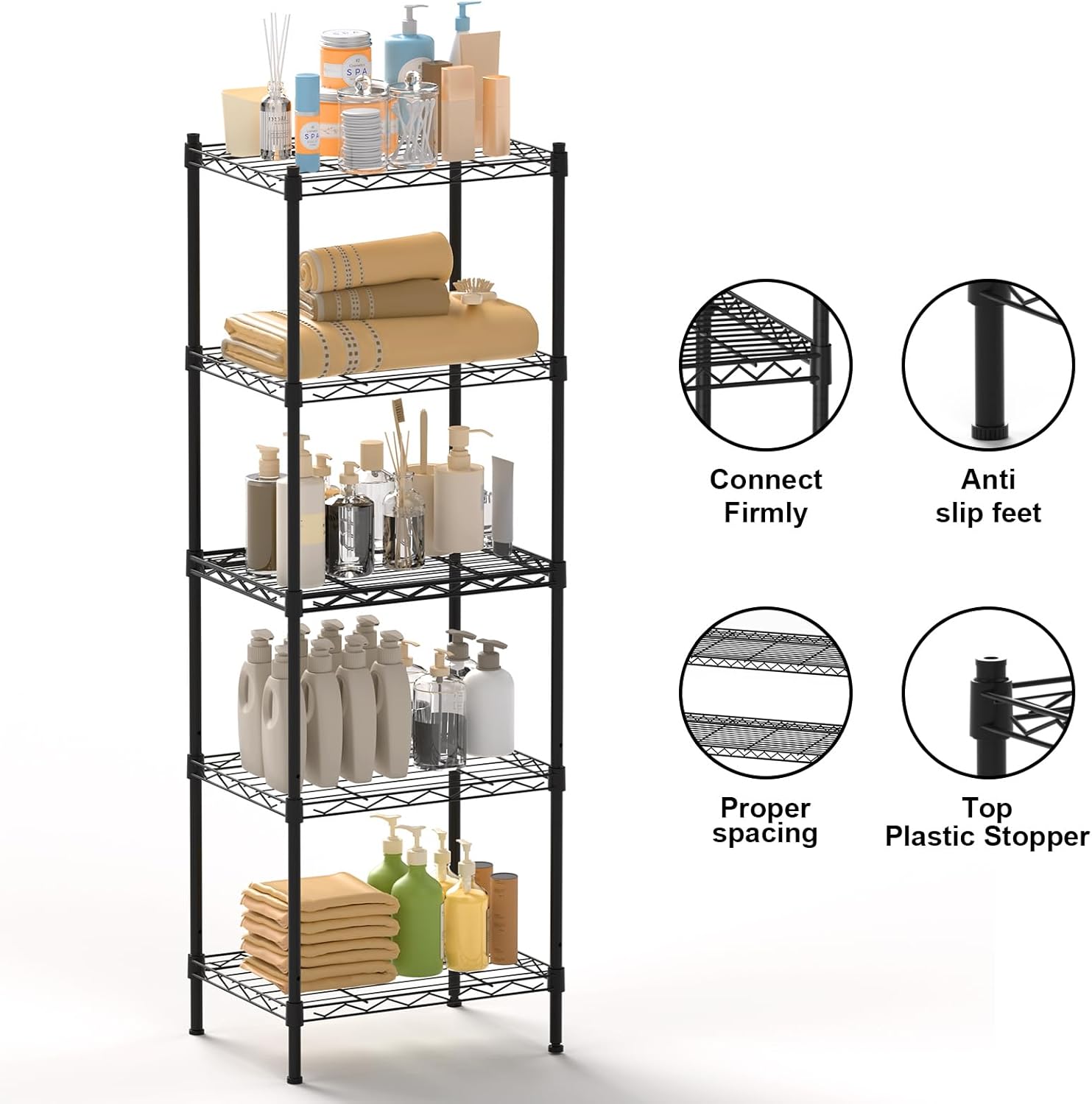 SUGIFT 5-Tier Strong Storage Shelving Unit Kitchen Metal Wire Shelving Organizer Unit with Anti-Sleep Feet Indoor Bathroom Black