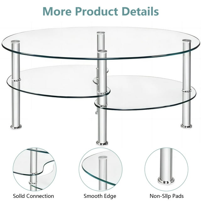 ALPULON Tempered Glass Coffee Table Oval 3-Tier Steel Tea Table for Home Living Room Office