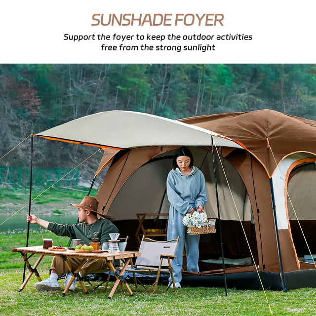 SUGIFT 6-Person Camping Tent Family Cabin Tent with Expandable Sunshade Foyer, Brown