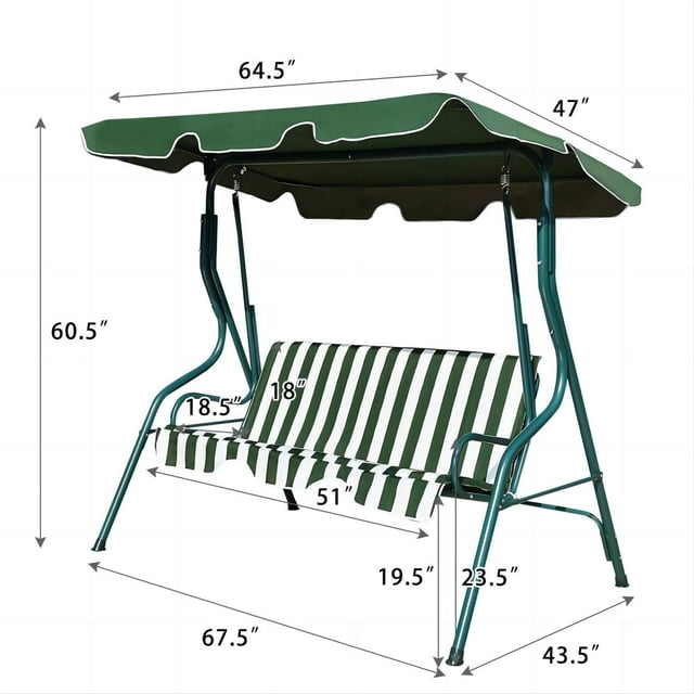 3-Seat Patio Swing Chair, Outdoor Porch Swing with Adjustable Canopy & Durable Steel Frame for Patio, Garden - Green