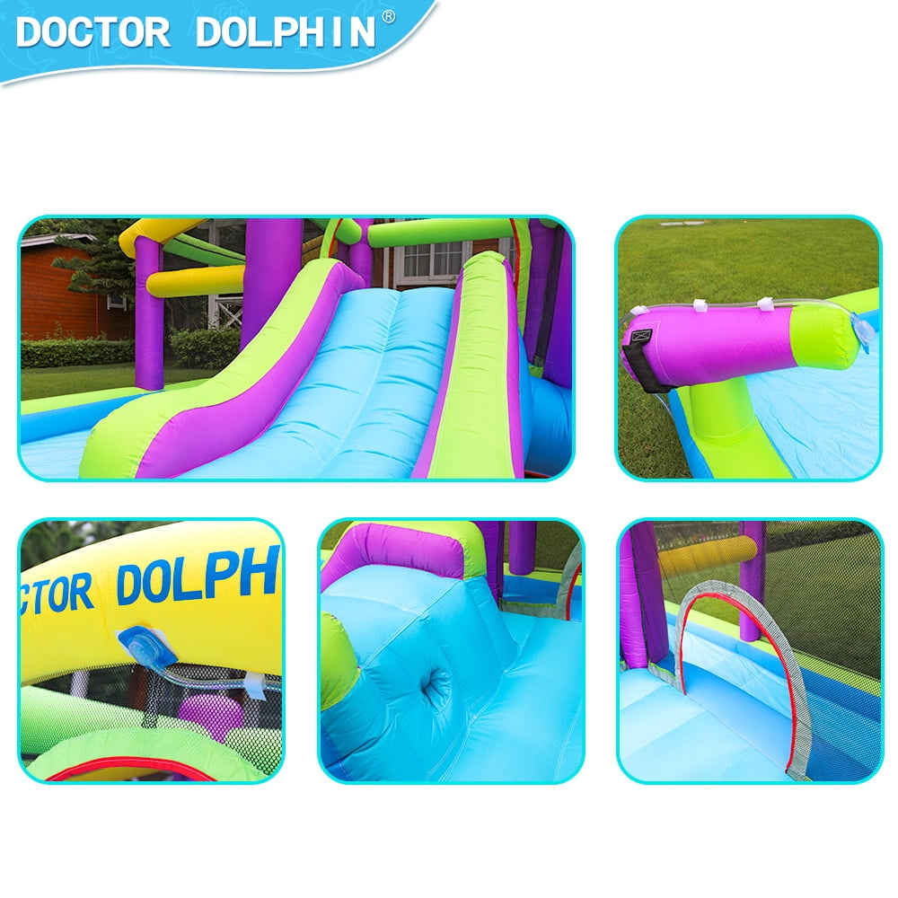Inflatable Bounce House 5 in 1 Water Slide Jumping Park With Splashing Pool Water Cannon Including Carry Bag Stakes Repair Kit Hose (with 450W Air Blower)