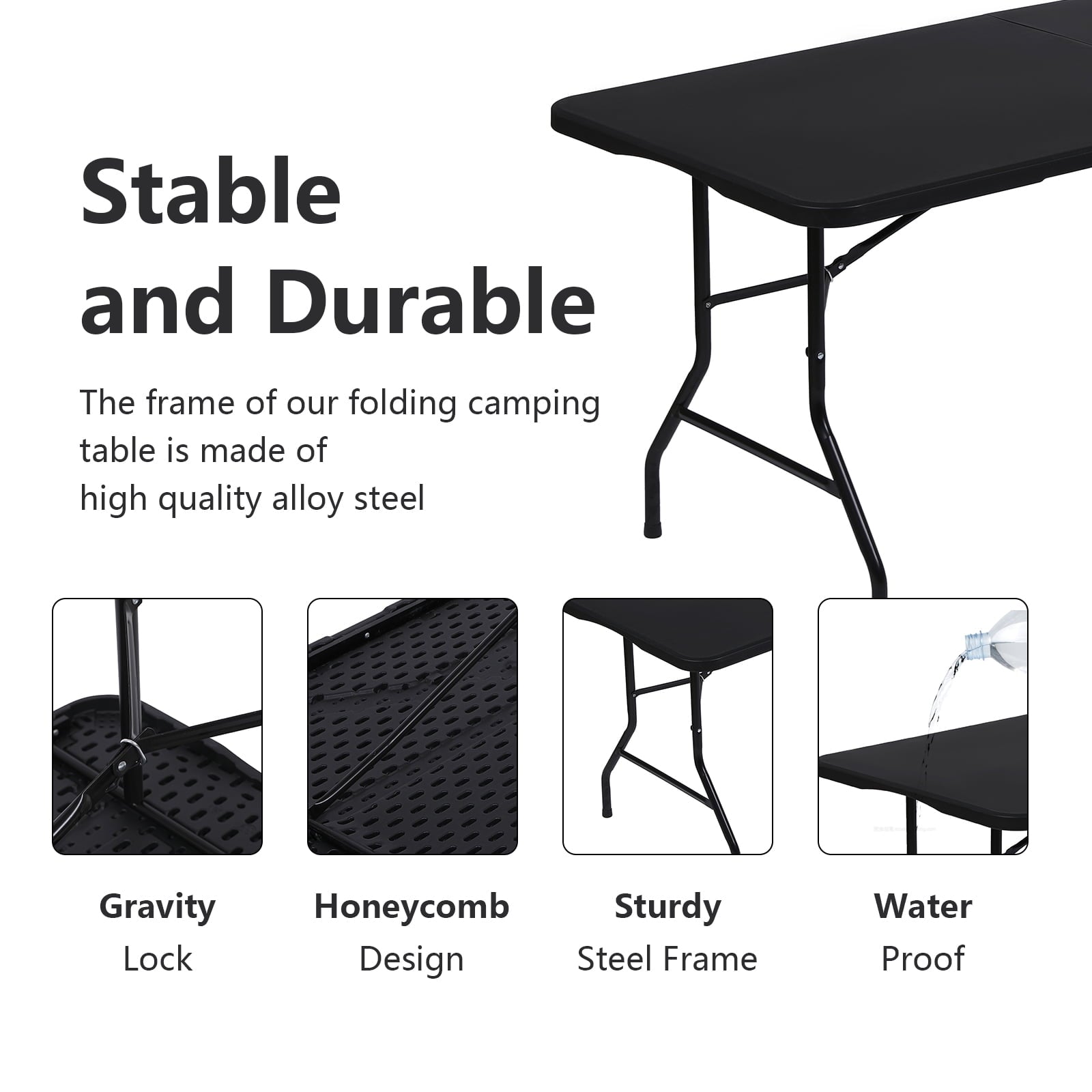 AKIUDEX 6ft Plastic Fold-in-Half Folding Table for Indoor Outdoor Use, Black