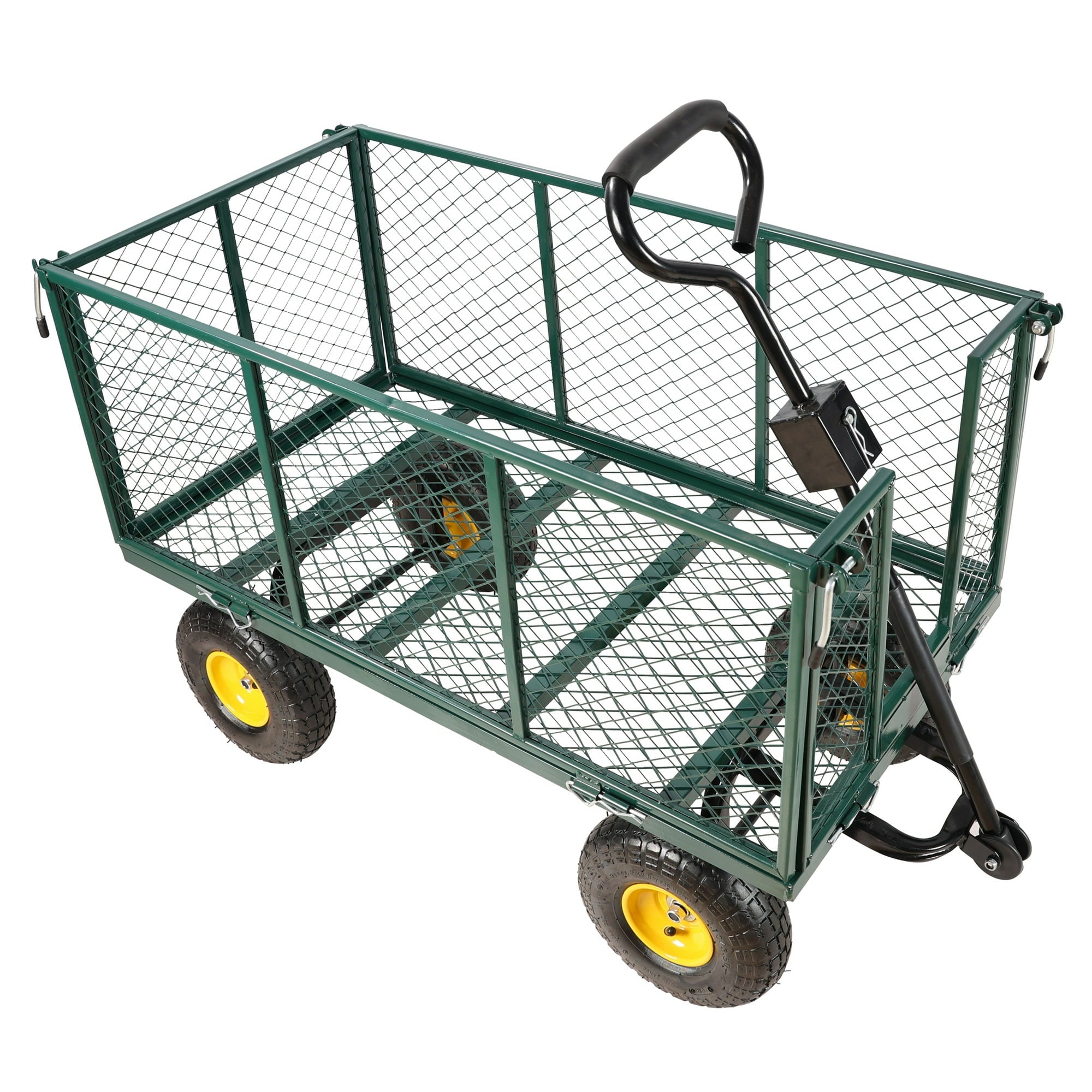 SUGIFT Heavy Duty Mesh Steel Garden Cart with Double Guardrai and Solid Wheels