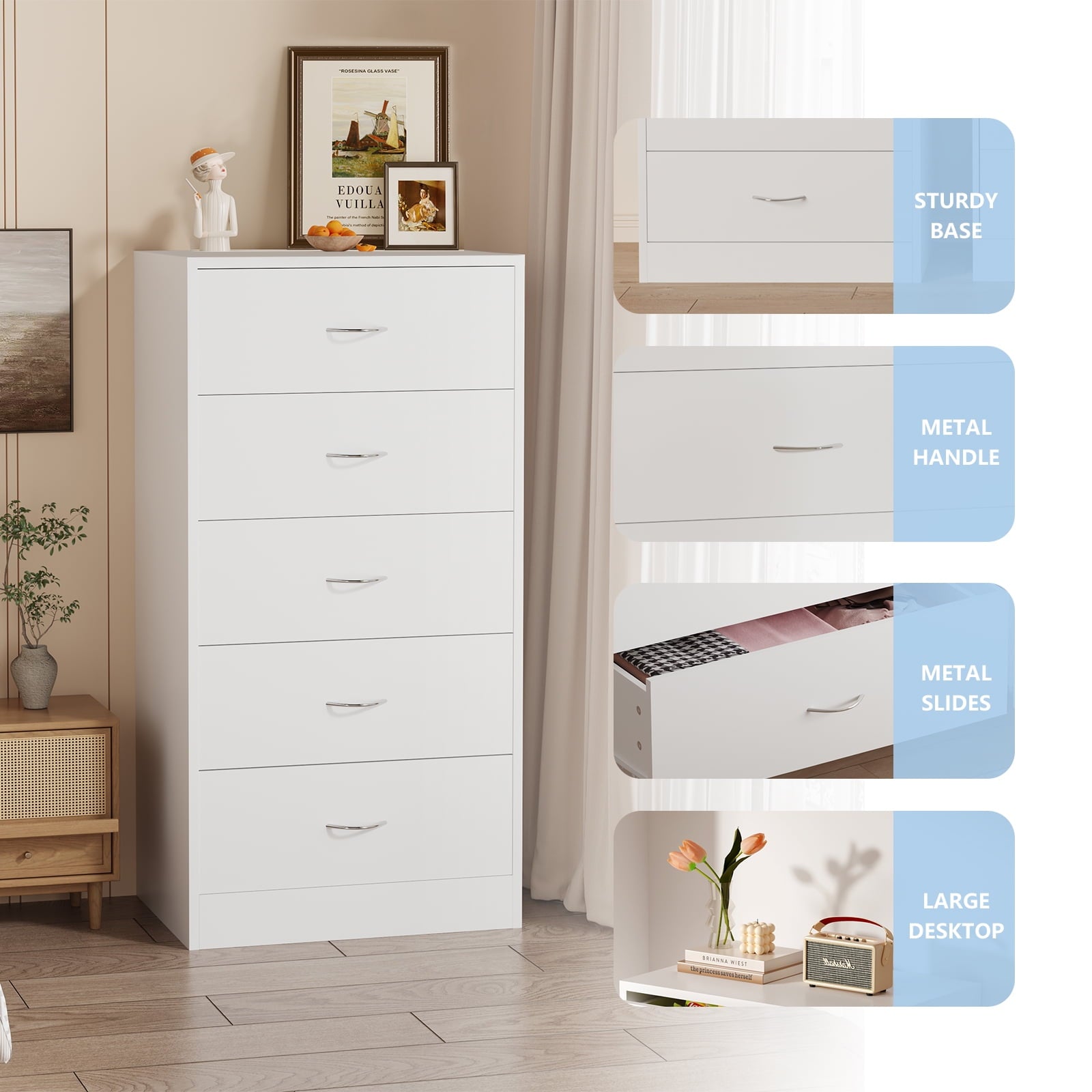 SUGIFT 5 Drawer Dresser, Modern Wood Chest of Drawers for Bedroom, White