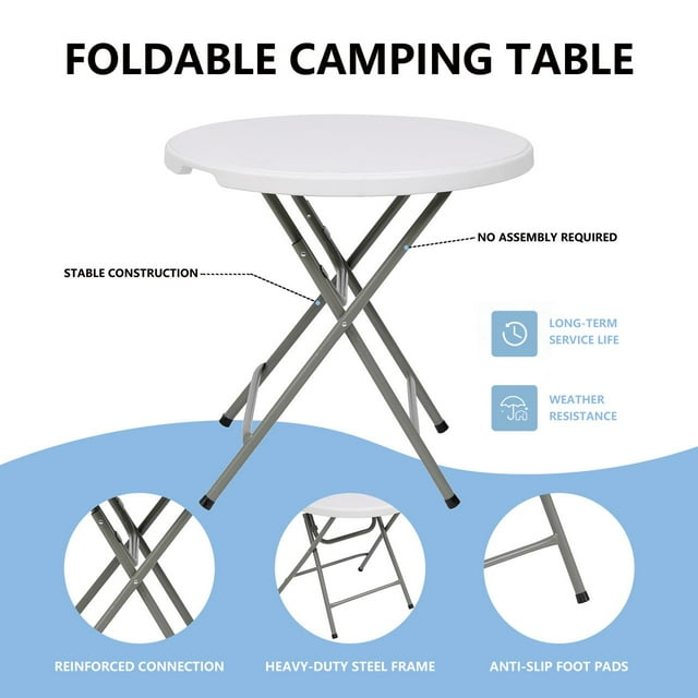 TBKLEY 32in Round Folding Table Portable Indoor Outdoor Plastic Dining Table, White