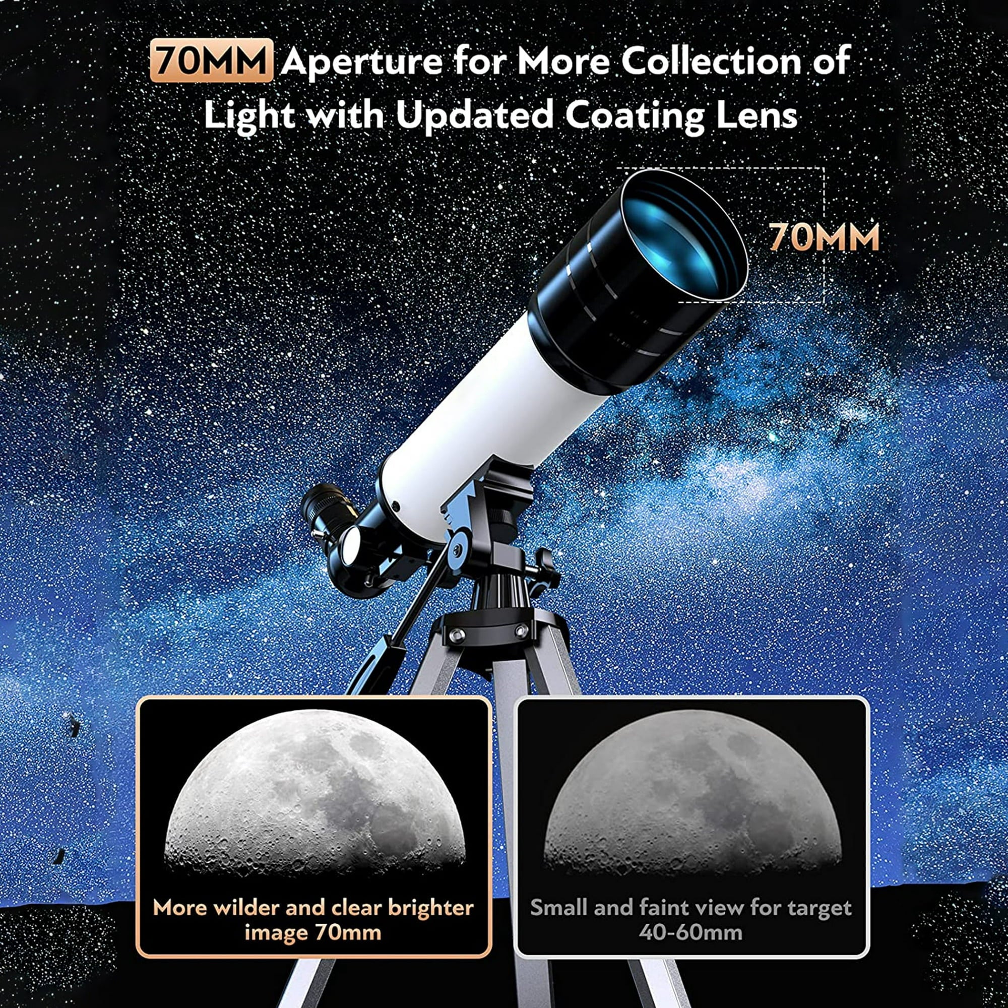 SUGIFT Telescope for Kids and Beginners 70mm Aperture 400mm AZ Mount Telescope with Tripod, Silver