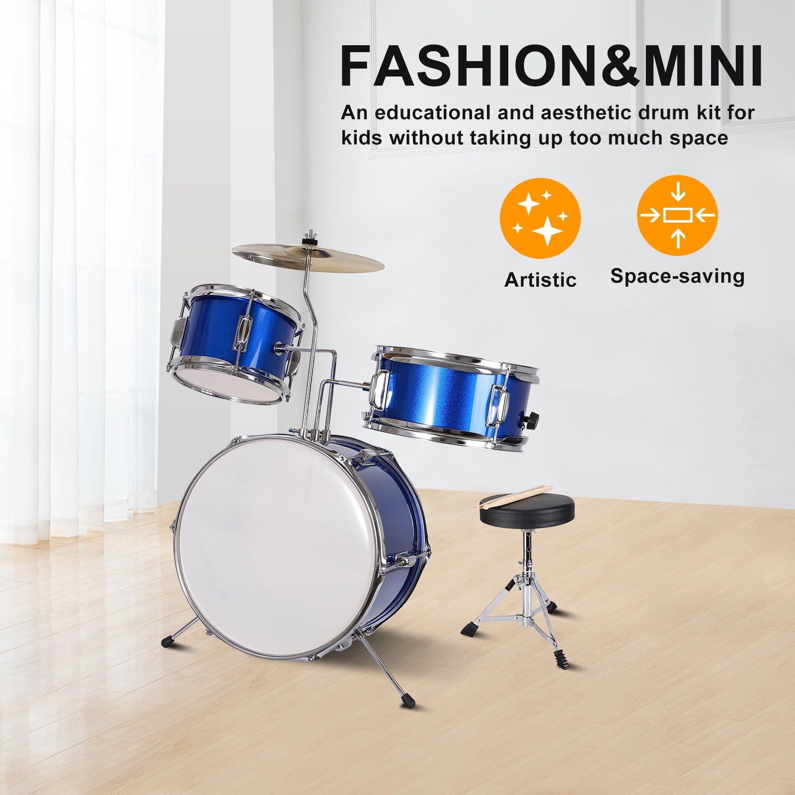 GIVIMO 3-Piece 14 inch Drum Set for Junior Beginners, Blue