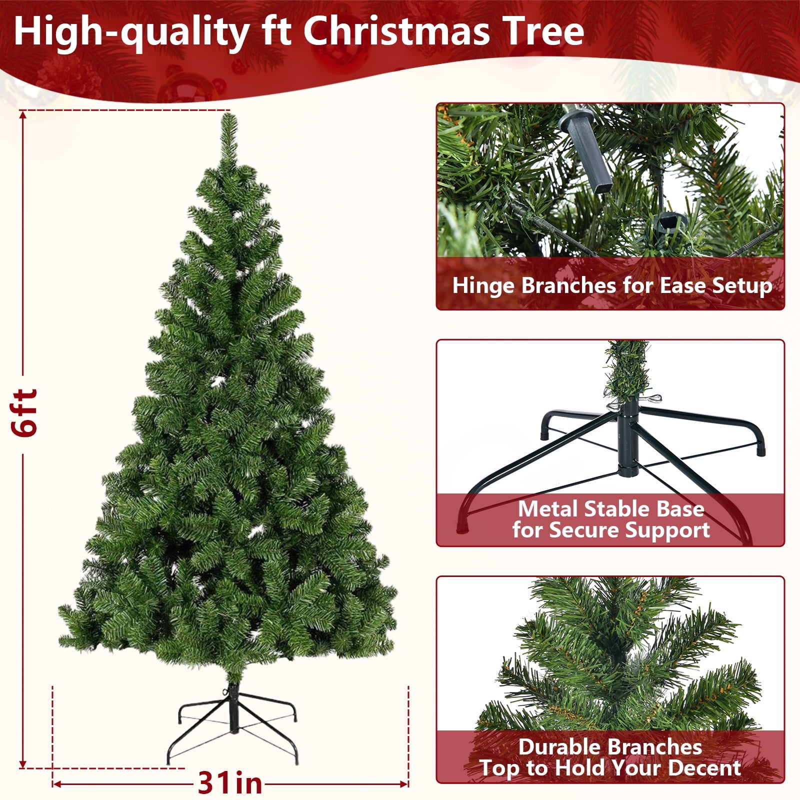 YouYeap Artificial Christmas Tree 6ft High-Quality Xmas Tree with 1000 Branch Tips for Home, Office, Shop Decoration