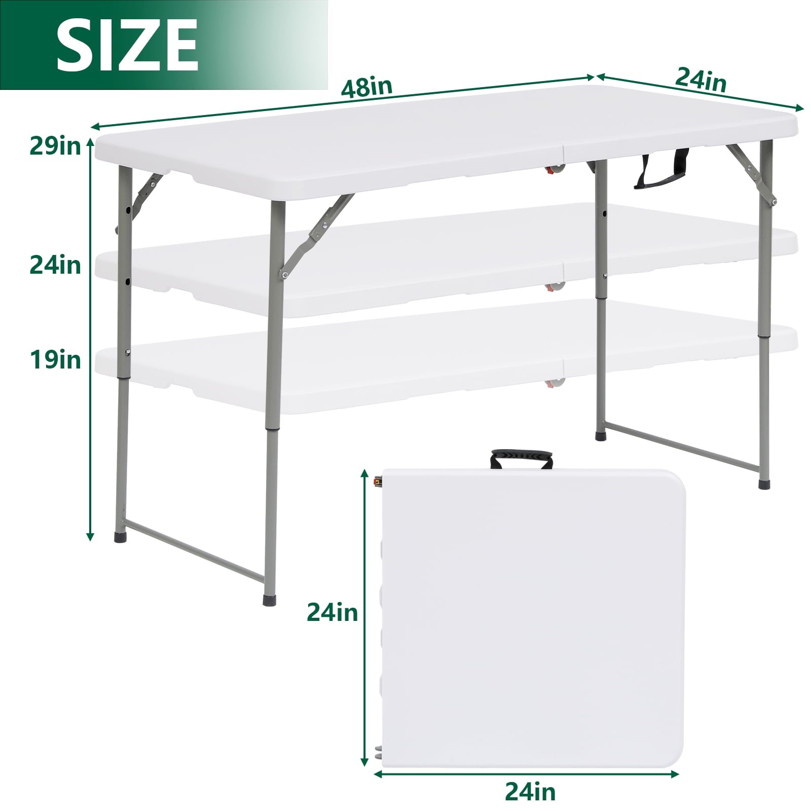 ALPULON Folding Table 4 Foot Height Adjustable Fold-in-Half Table with Carrying Handle, White