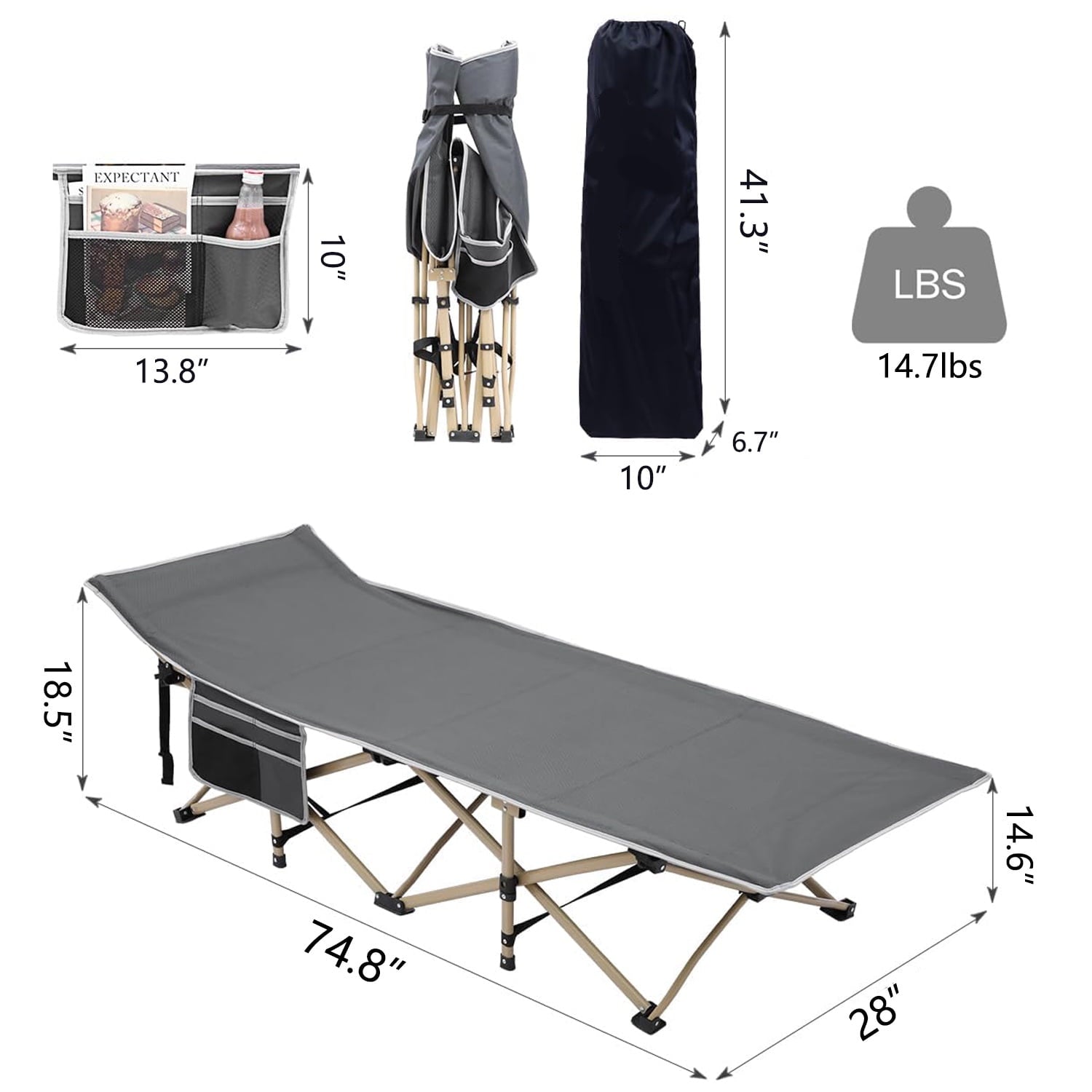 SUGIFT Portable Folding Bed with 2 Sided Mattress & Carry Bag 74.8in x 28 in x 14.6 in