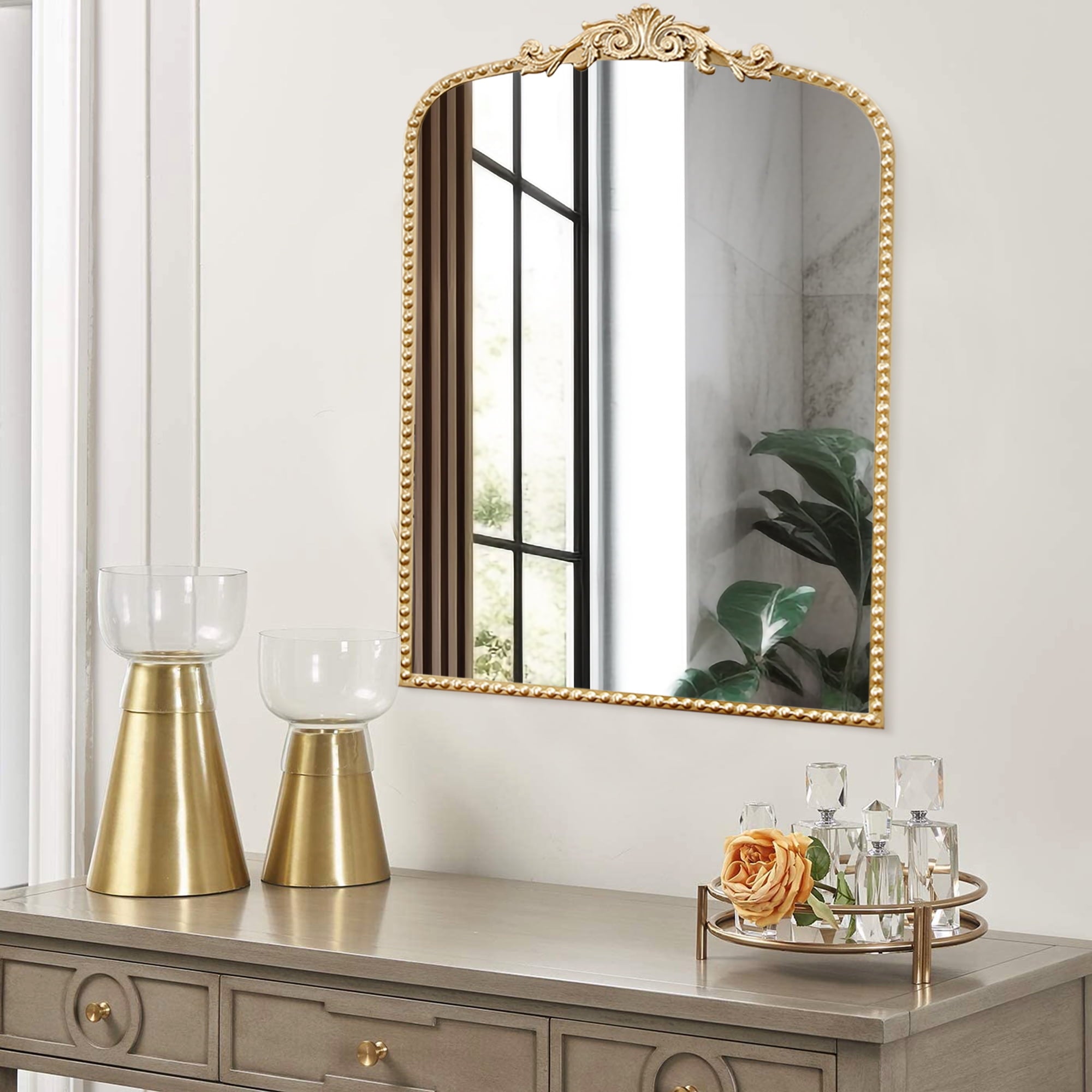 TBKLEY Arched Wall Mirror for Bathroom, 20in x30in  Metal Beaded Frame Decorative Accent Mirror, Baroque Inspired Wall Decor, Gold