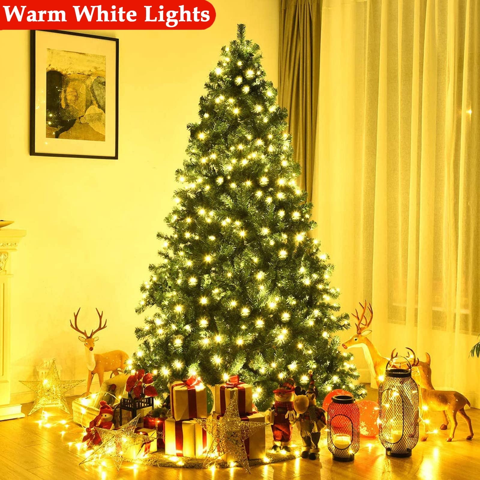 SUGIFT 7.5ft Pre-Lit Pine Artificial Christmas Tree, Premium Hinged Holiday Tree W/ 1405 Tips 400 Warm-White Lights, Metal Base