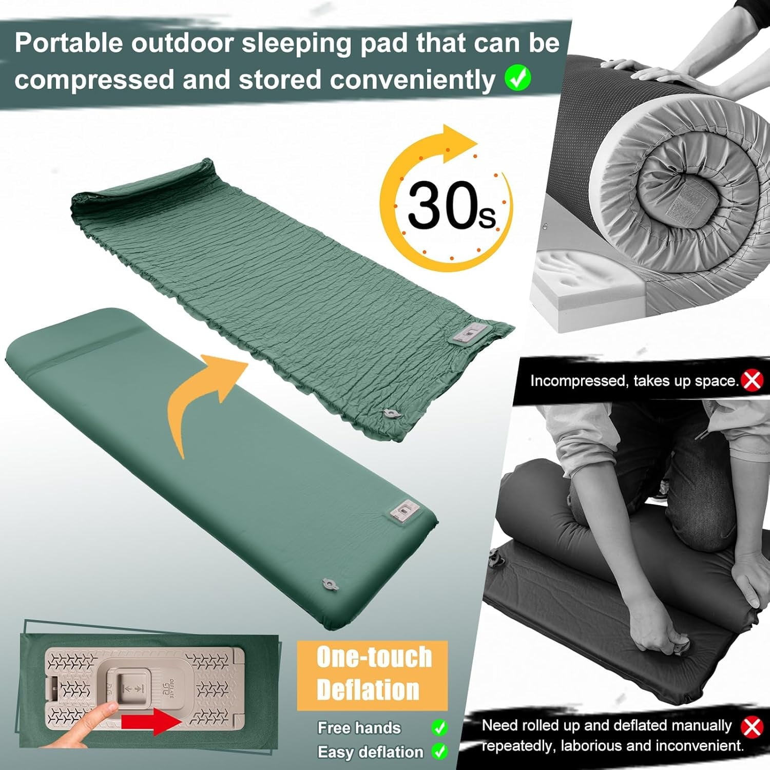 Green Self Inflating Sleeping Pad with Electric Pump for Camping Insulated Camping Mattress Pad with Pillow for Car Travel Tent