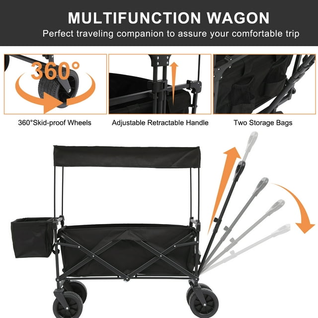 SUGIFT Black Wagon Cart with Wheels Foldable Collapsible Utiity Wagon Beach Wagon, Outdoor and Camping