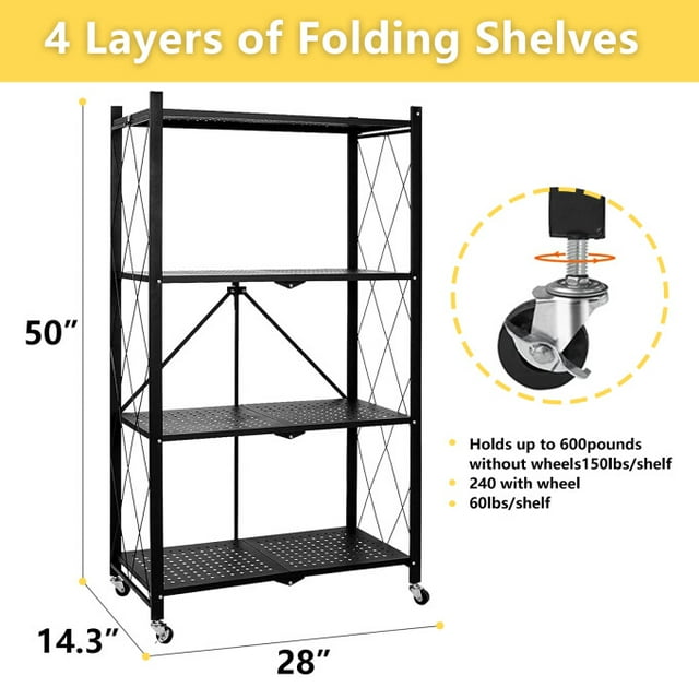 TBKLEY 4-Tier Foldable Storage Shelving with Wheels, Heavy Duty Metal Shelf, Kitchen Shelving Units, Black