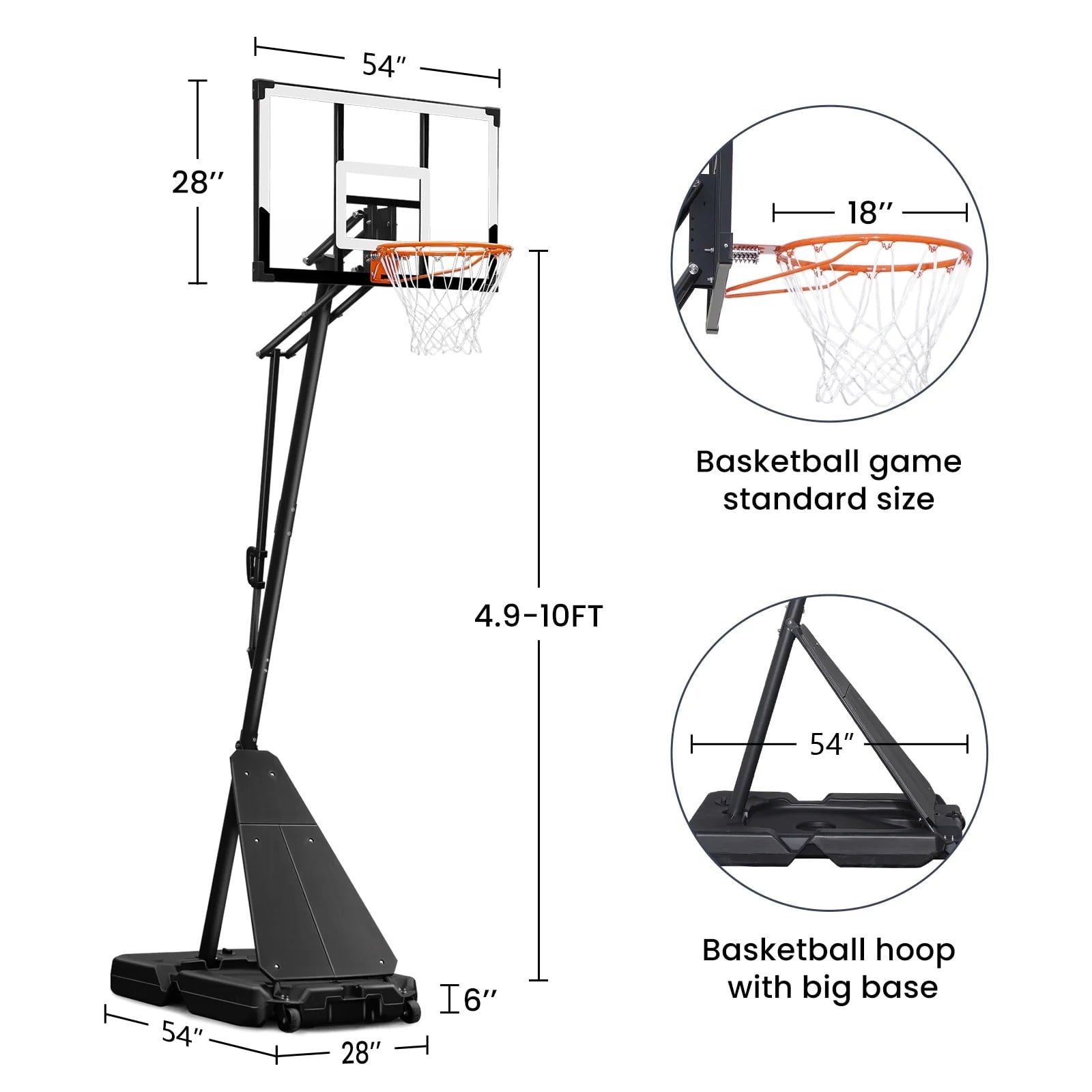 SUGIFT Portable Basketball Hoop, 4.8-10FT Adjustable Basketball Goal System, 54 Inch Outdoor Basketball Hoop and Goals for Kids, Youth, and Adults in The Backyard, Driveway