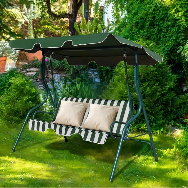 3-Seat Patio Swing Chair, Outdoor Porch Swing with Adjustable Canopy & Durable Steel Frame for Patio, Garden - Green