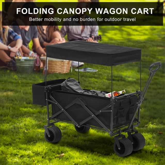 SUGIFT Black Wagon Cart with Wheels Foldable Collapsible Utiity Wagon Beach Wagon, Outdoor and Camping